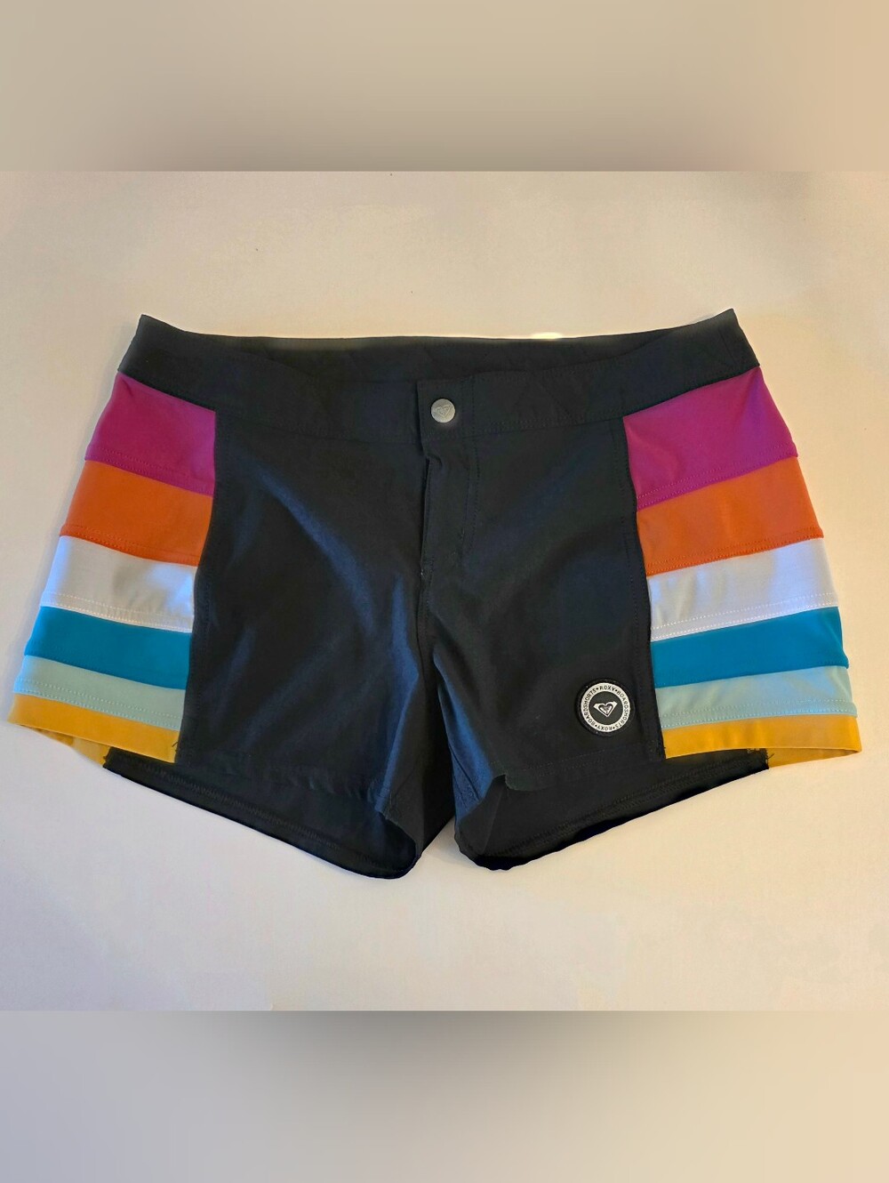 Roxy Board Shorts Black Multicolored Striped Junior's 3 Super Stretchy Y2K EUC